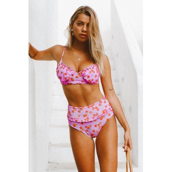 Pink Fruit Print Ruffled Detail High Waist Bikini Multicolor